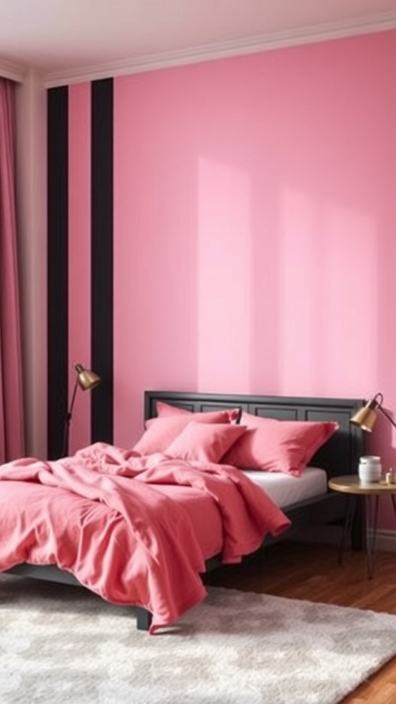 A pink bedroom with black striped wall art, featuring a bed with pink bedding and a cozy atmosphere.