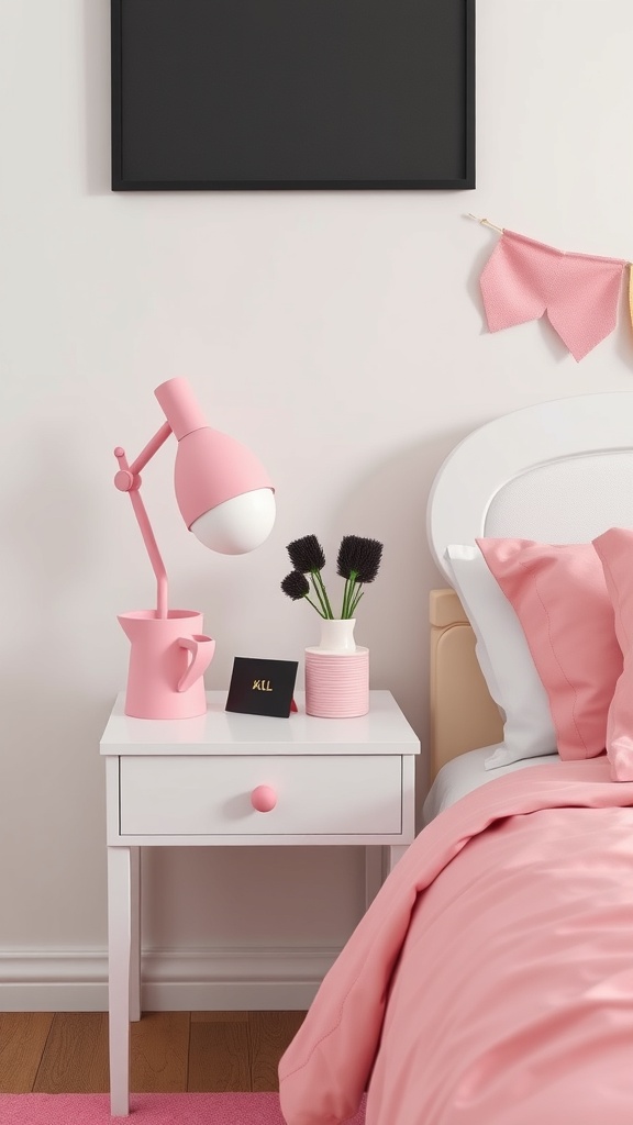 A stylish bedside table with a pink lamp, black brushes, and a white drawer in a pink and black themed bedroom.