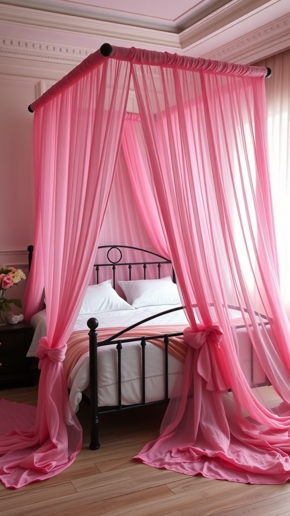 A pink canopy draped over a black bed in a stylish bedroom.