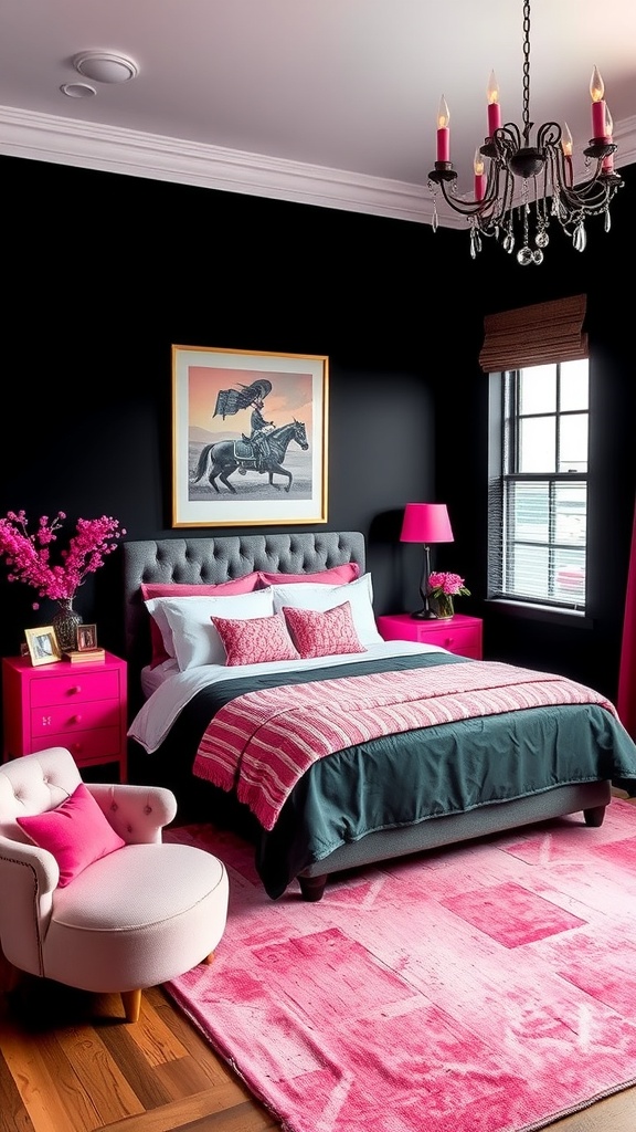 A stylish black bedroom featuring pink decor accents, including bedding, furniture, and accessories.