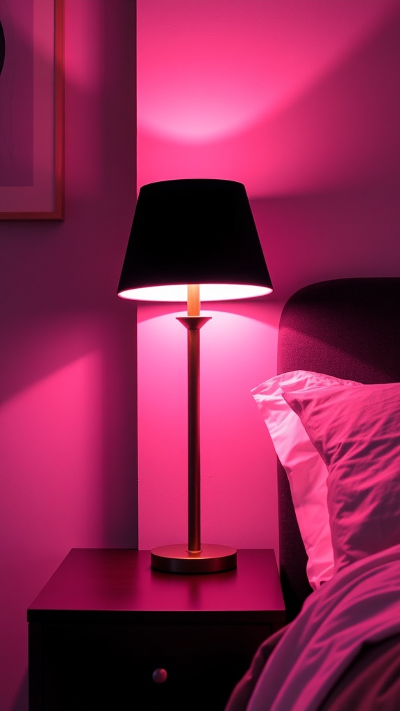 A stylish lamp with a black shade emitting pink light in a cozy bedroom setting.