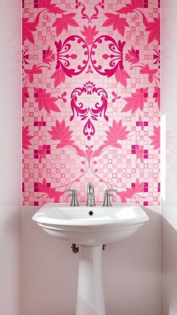 Bright pink mosaic backsplash in a bathroom with a white sink