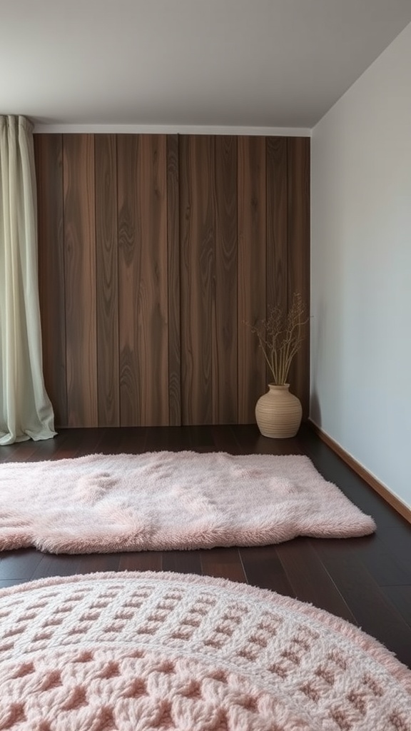 A cozy bedroom with pink rugs on dark wooden floors, featuring a fluffy rectangular rug and a round textured rug.