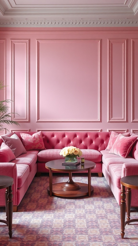 A cozy pink living room featuring a velvet sectional sofa, pink walls, and a wooden coffee table with flowers.