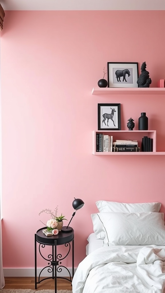 A cozy bedroom with pink wall shelves and black decor items, featuring framed artwork and a stylish side table.