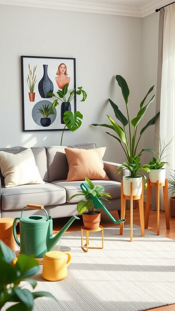 A cozy living room with various plants, a green watering can, and decorative pots, showcasing a plant aesthetic.