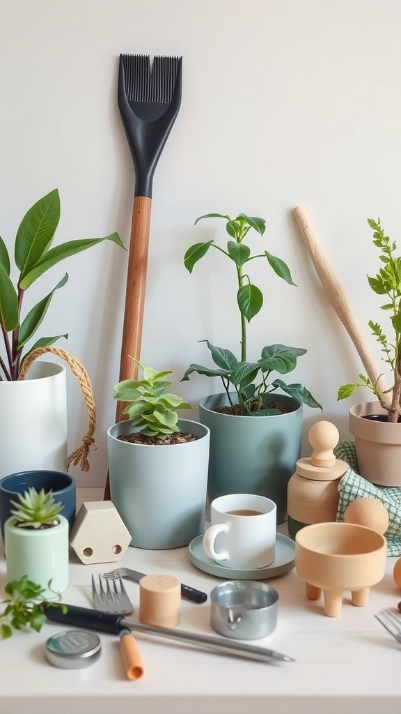A collection of indoor plants in stylish pots with gardening tools on a table.