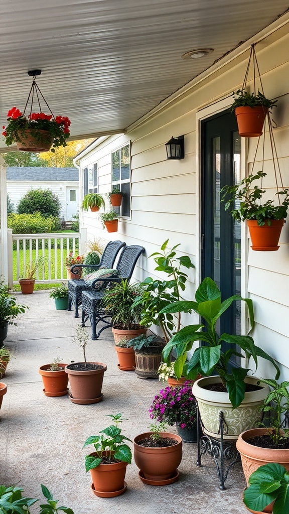 A mobile home back porch filled with various potted plants and two chairs.