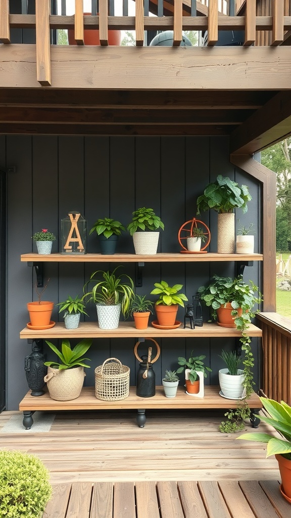 A set of wooden shelves filled with potted plants, showcasing a variety of greenery and decorative pots.