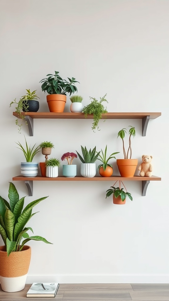 Wooden shelves with various potted plants and a teddy bear in a living room setting