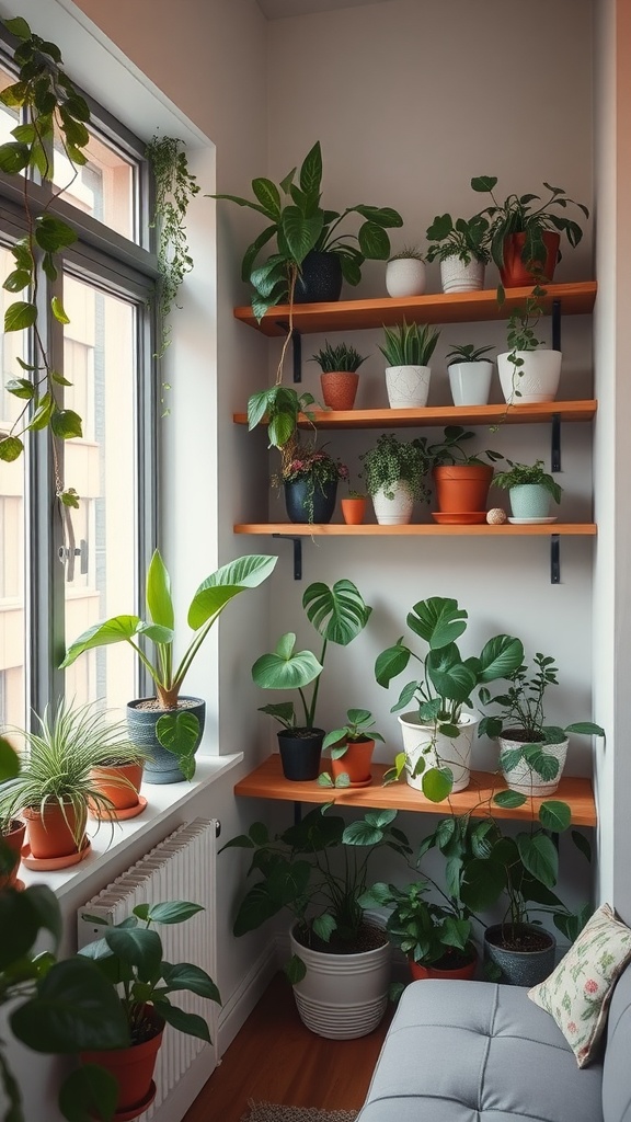 A cozy corner with various indoor plants arranged on shelves and windowsill, showcasing plant styling for small spaces.