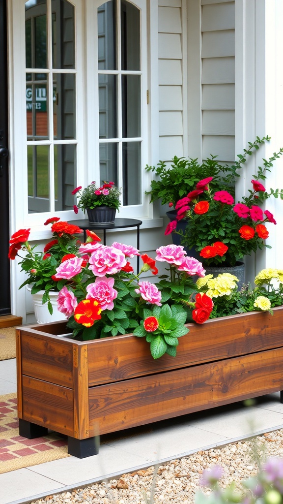 A wooden planter box filled with colorful flowers on a front porch