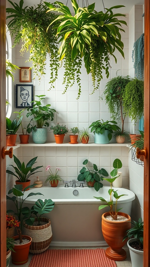 A vibrant 70s-inspired bathroom filled with various indoor plants, showcasing a cozy and inviting atmosphere.