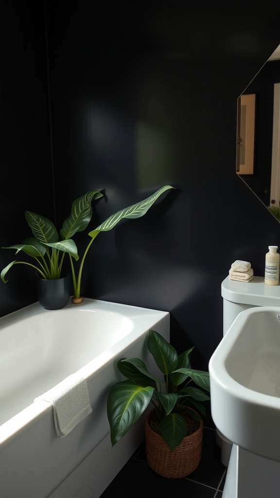 A stylish dark bathroom featuring green plants for contrast.