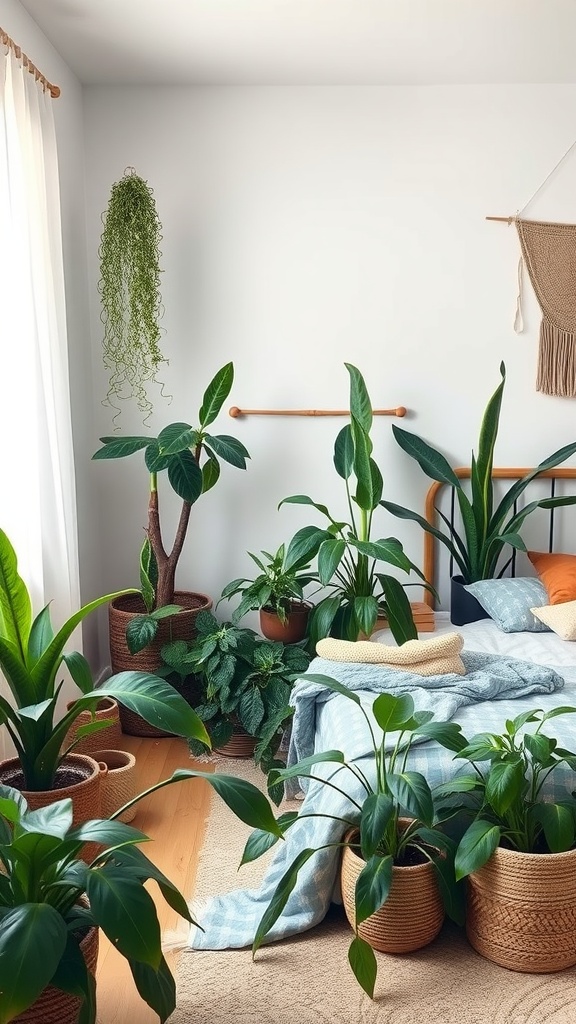 A minimal boho bedroom filled with various plants in stylish pots, creating a warm and inviting atmosphere.