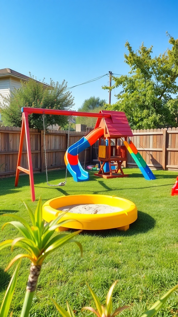 A colorful play area for kids featuring a swingset, slide, and sandbox in a backyard.