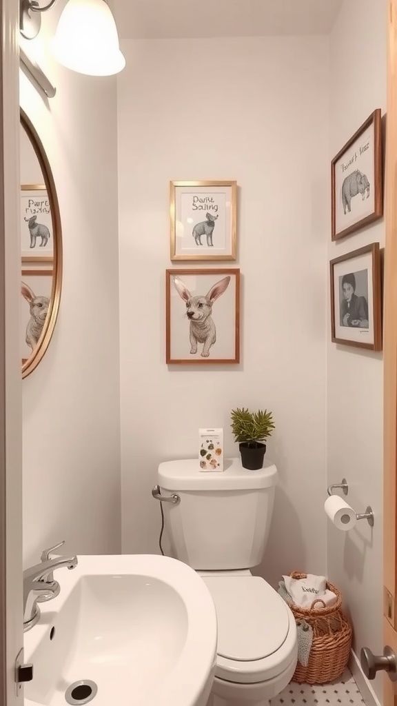 A cozy small bathroom with playful animal artwork displayed on the walls.