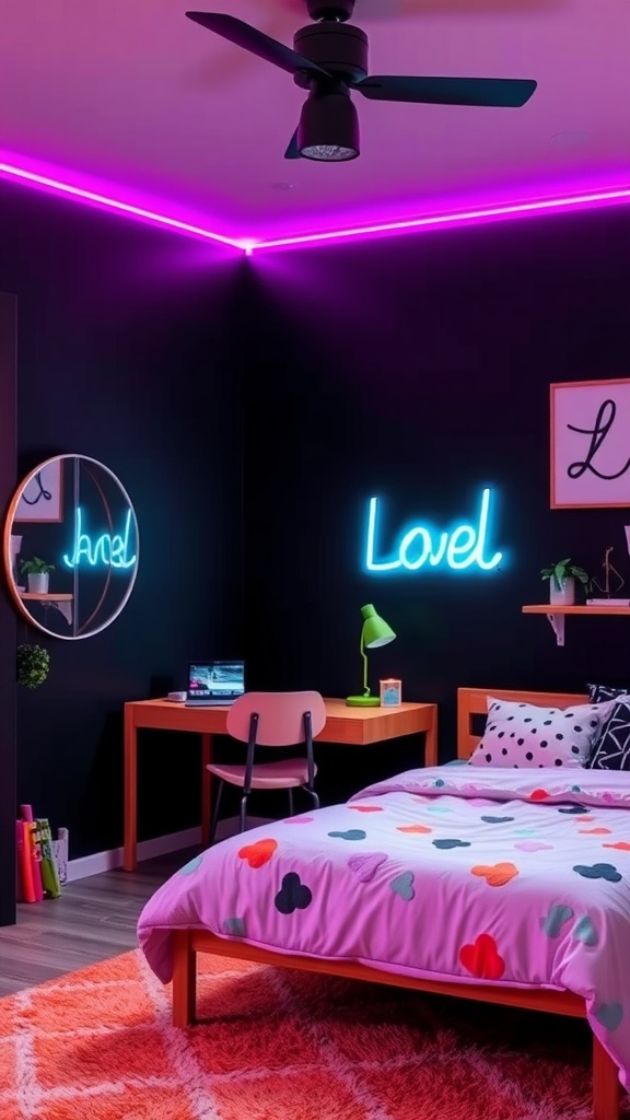 A stylish bedroom with black walls, neon accents, a pink bedspread with hearts, and a cozy orange rug.