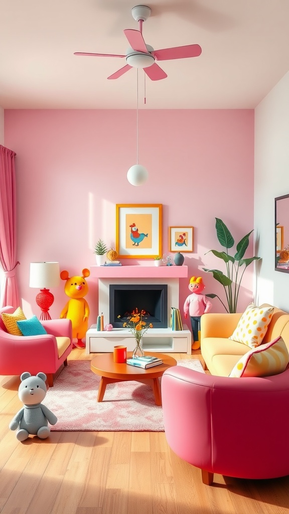 A colorful and playful living room featuring pink walls, quirky furniture, and cartoon-themed decor.