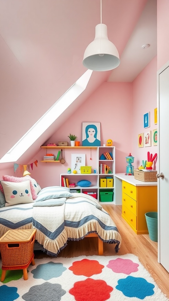 A playful children's attic bedroom with pink walls, a cozy bed, colorful decor, and bright storage options.