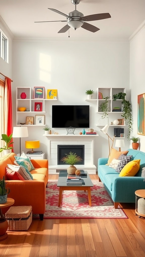 A colorful and cozy living room featuring orange and turquoise sofas, a decorative rug, and vibrant artwork.