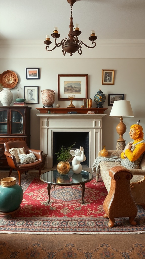 A vintage living room with playful decorative objects, including a quirky statue, colorful vases, and an ornate chandelier.