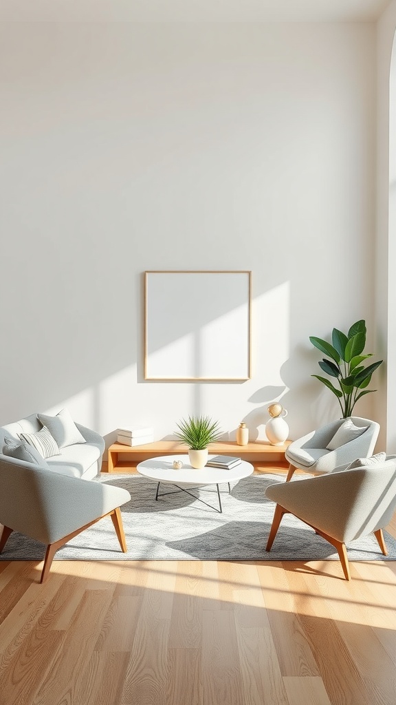 A bright living room featuring two light blue armchairs, a round coffee table, and decorative plants.