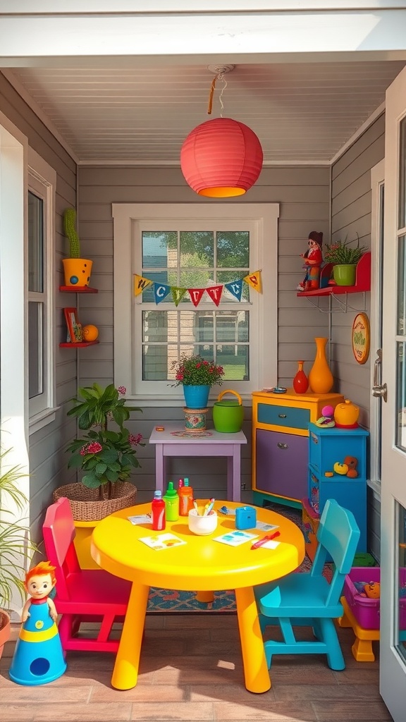 A colorful kids' activity zone featuring a yellow table, blue and pink chairs, and playful decorations.