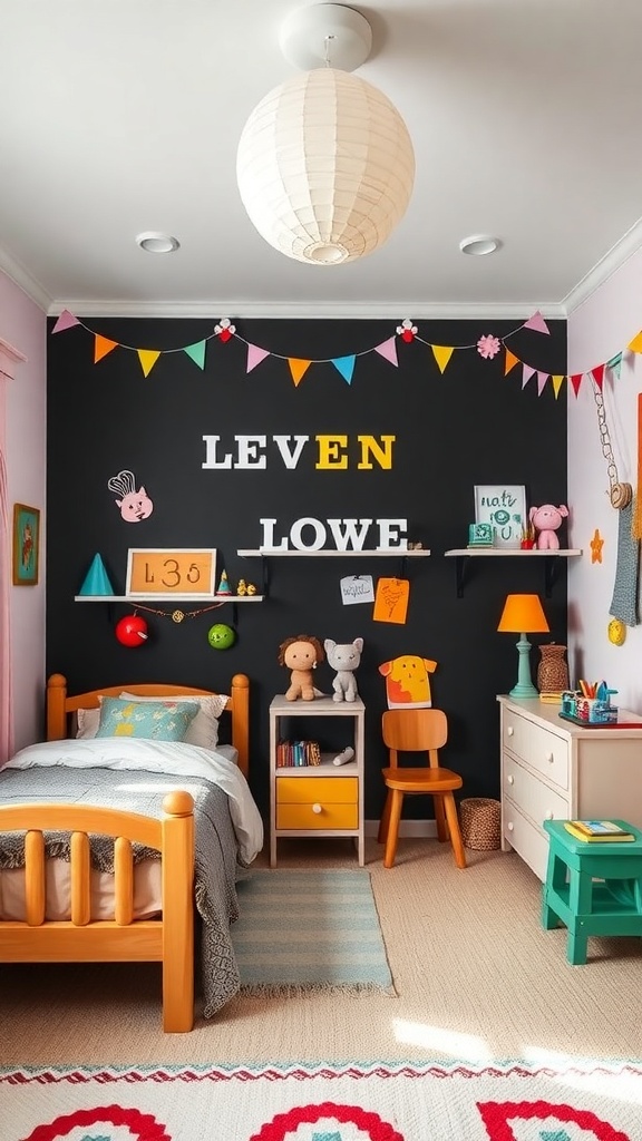 A colorful kids' room featuring a black accent wall with playful decorations.