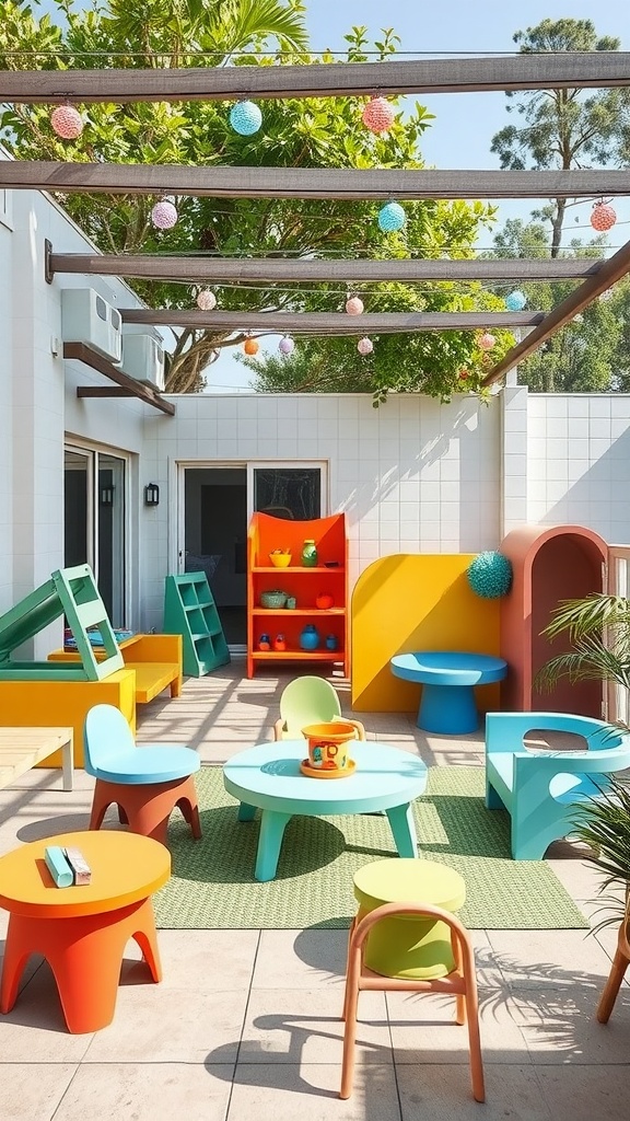 A colorful outdoor patio designed as a playful kids' zone with bright furniture and shaded areas.
