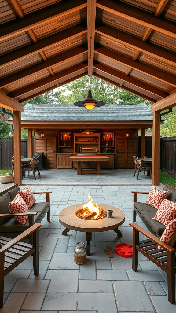 Cozy covered patio with a fire pit and comfortable seating