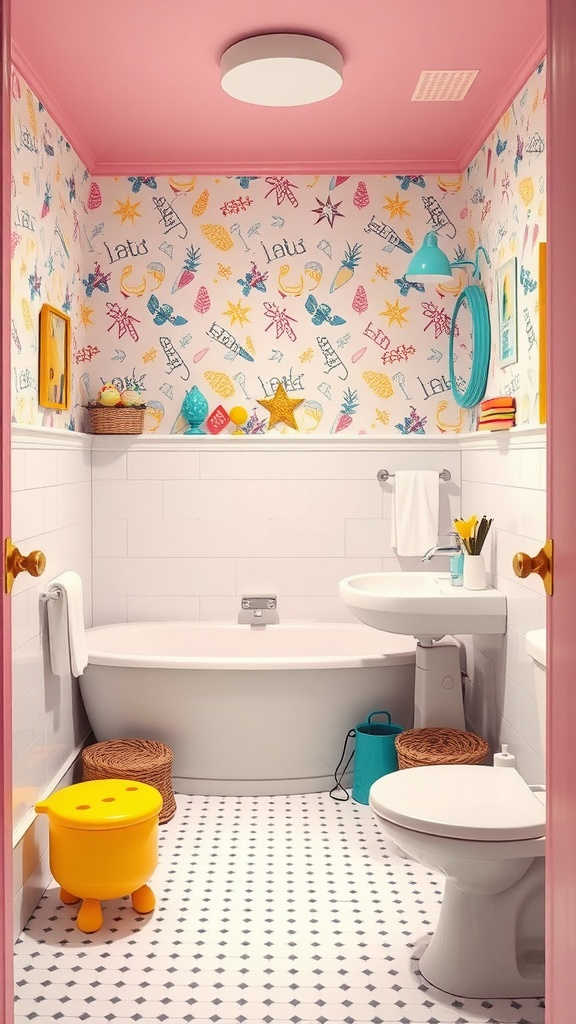 A cheerful bathroom with pastel colors, whimsical wallpaper, and stylish accessories.