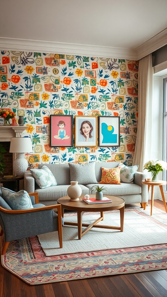 A cozy living room with colorful patterned wallpaper, a gray couch with decorative pillows, framed artwork on the wall, and a textured area rug.