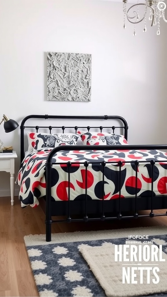 A stylish bedroom featuring a black bedframe, playful patterned bedding, and a cozy rug.