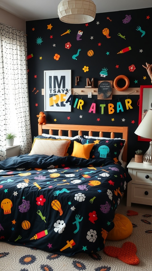A colorful bedroom featuring black sheets with playful patterns, bright wall decorations, and a cozy atmosphere.