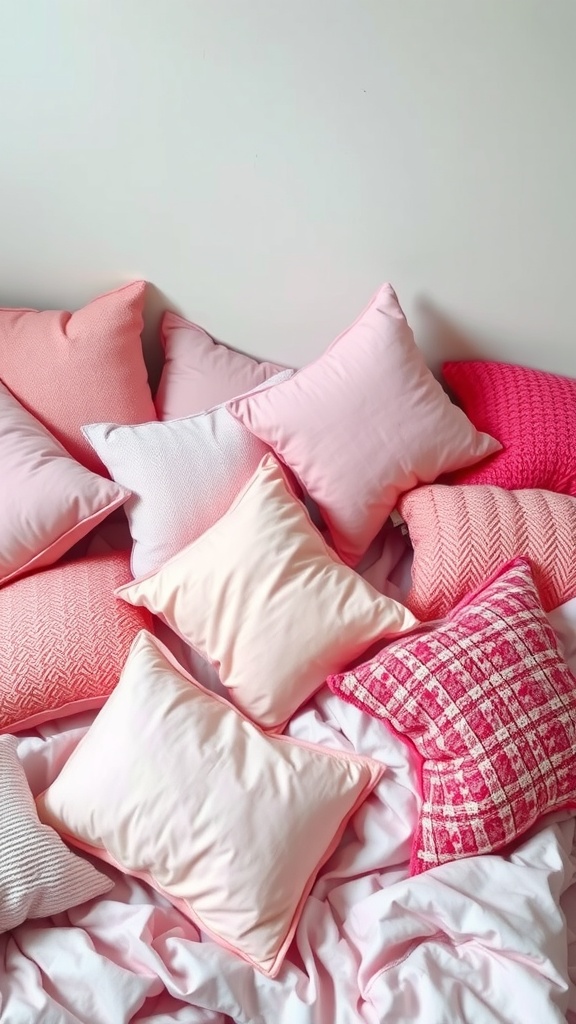A collection of playful pink pillows in varying shades and textures, arranged on a bed.