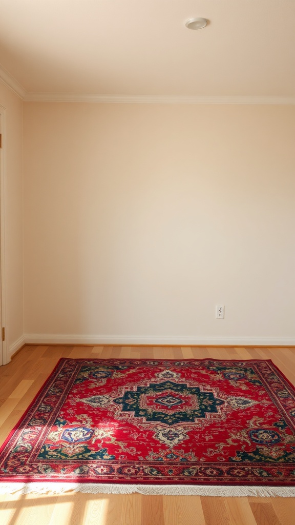A colorful red rug with intricate patterns placed on a beige floor.