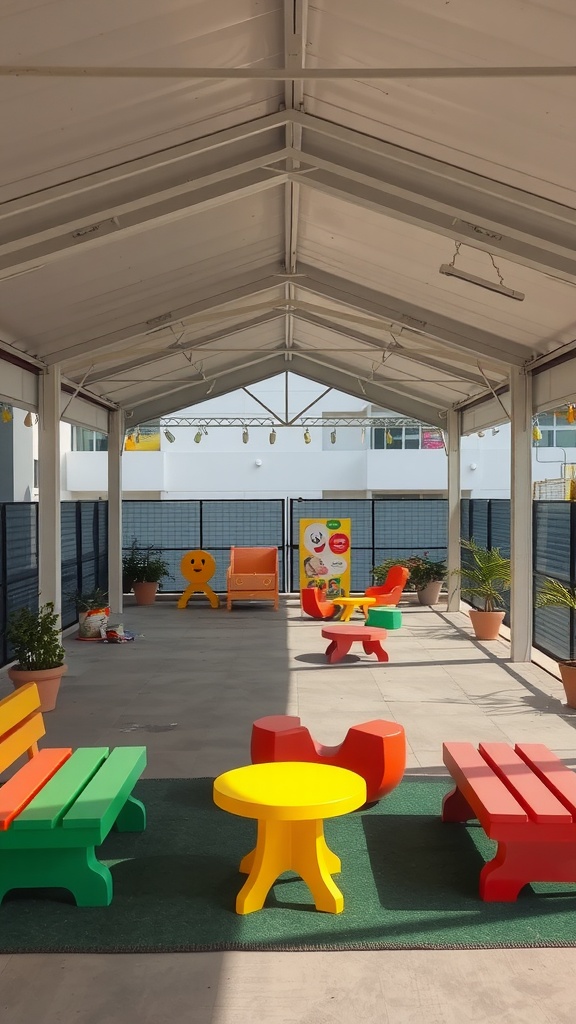 Colorful covered patio designed for kids with playful furniture