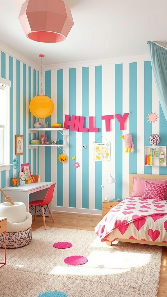 A colorful girl's bedroom featuring blue and white striped walls, pink bedding with hearts, and playful decor.
