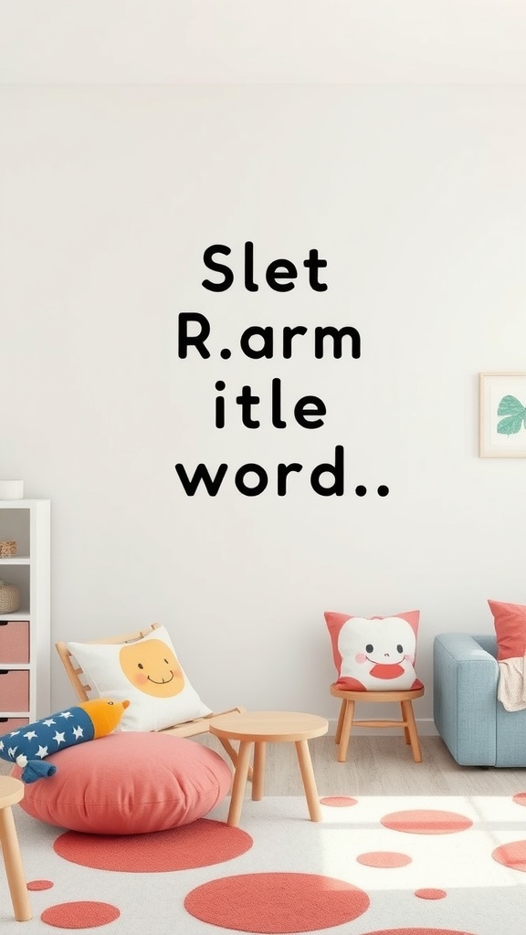 A minimal kids' bedroom with playful accents, featuring colorful cushions, a rug, and whimsical wall text.