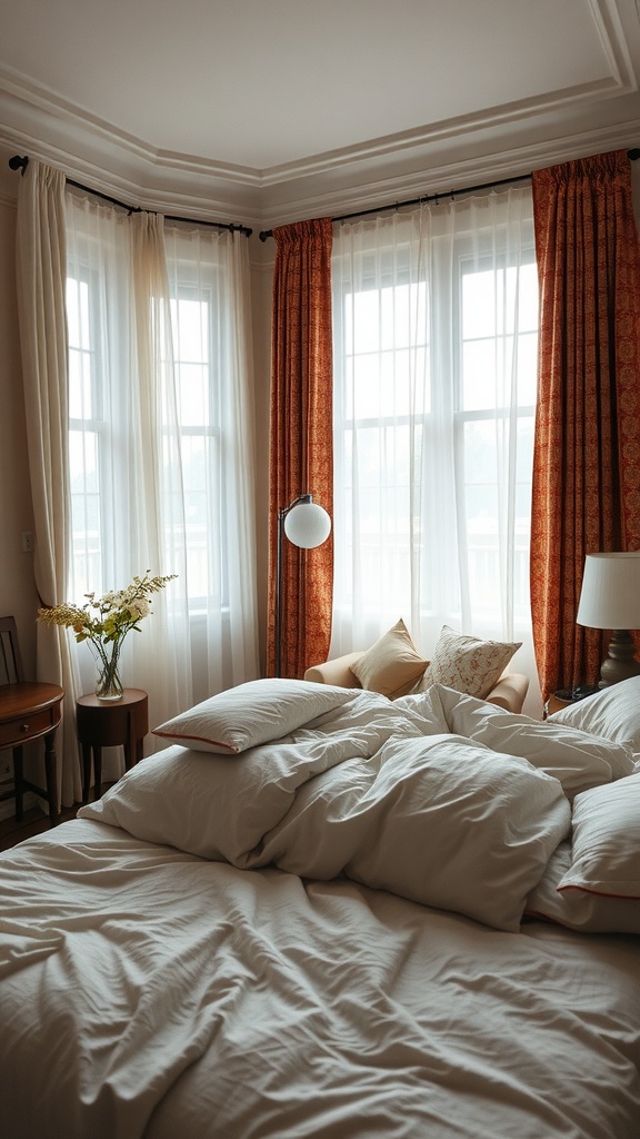 Cozy bedroom layout featuring soft bedding, patterned curtains, and a touch of greenery.