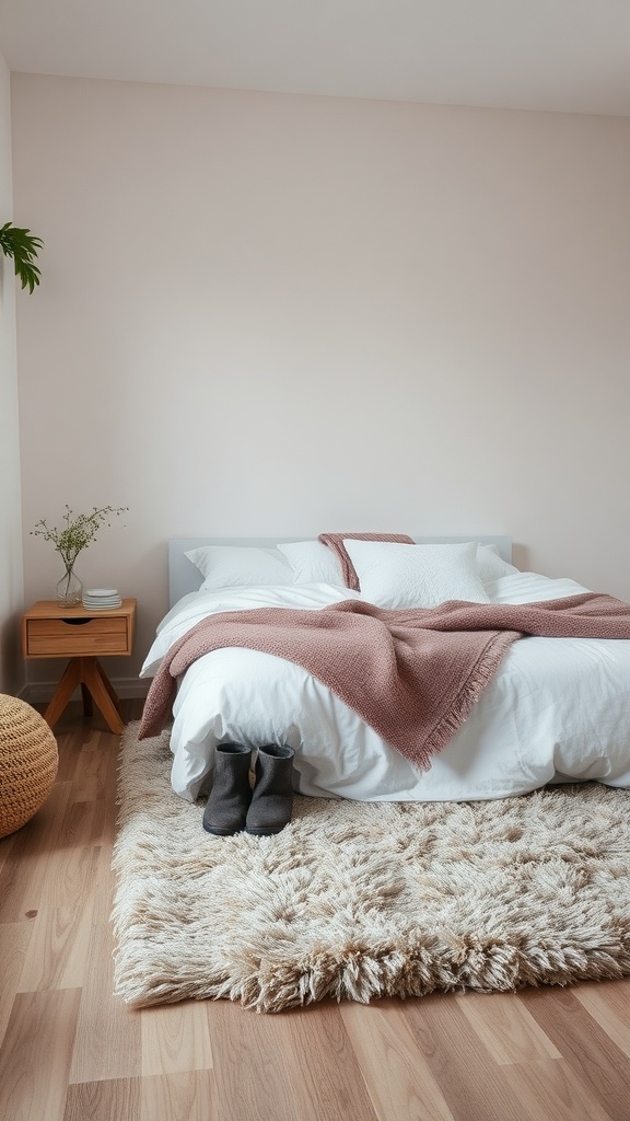 A cozy bedroom featuring a plush area rug, white bedding, and a soft pink throw.