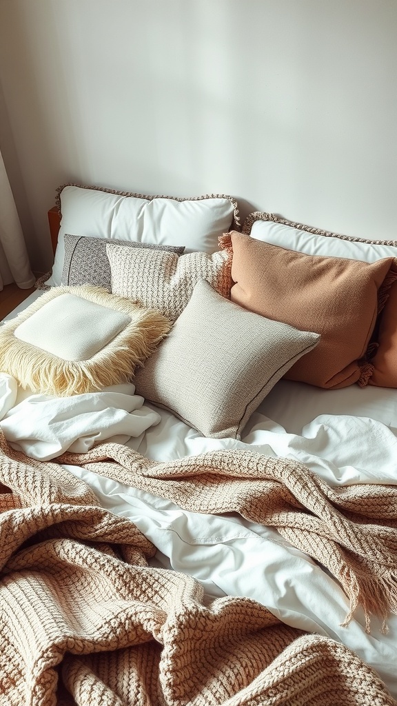 A cozy bed with various plush pillows and a soft blanket, showcasing a stylish and inviting bedroom setup.