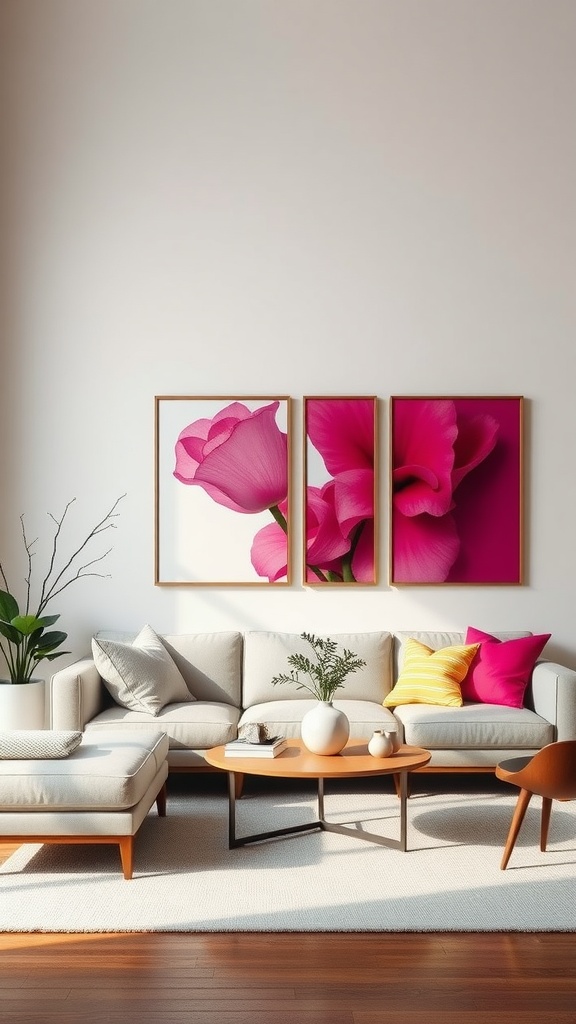 Living room with fuchsia flower art pieces and a cozy couch.