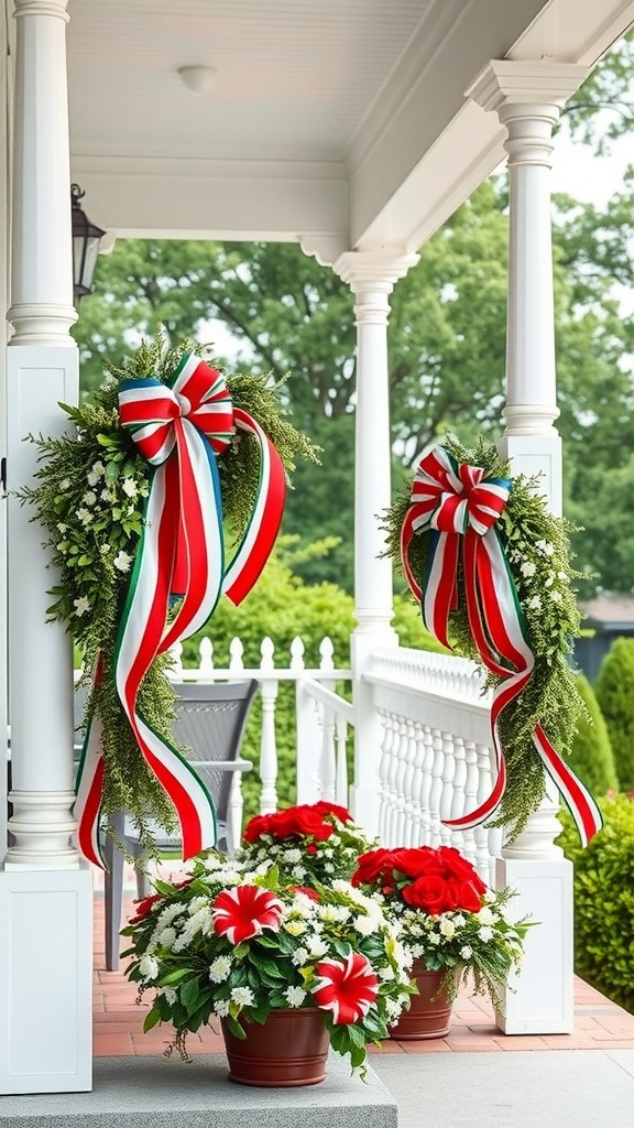 Porch railings decorated with red, white, and blue ribbons and garlands, complemented by potted flowers