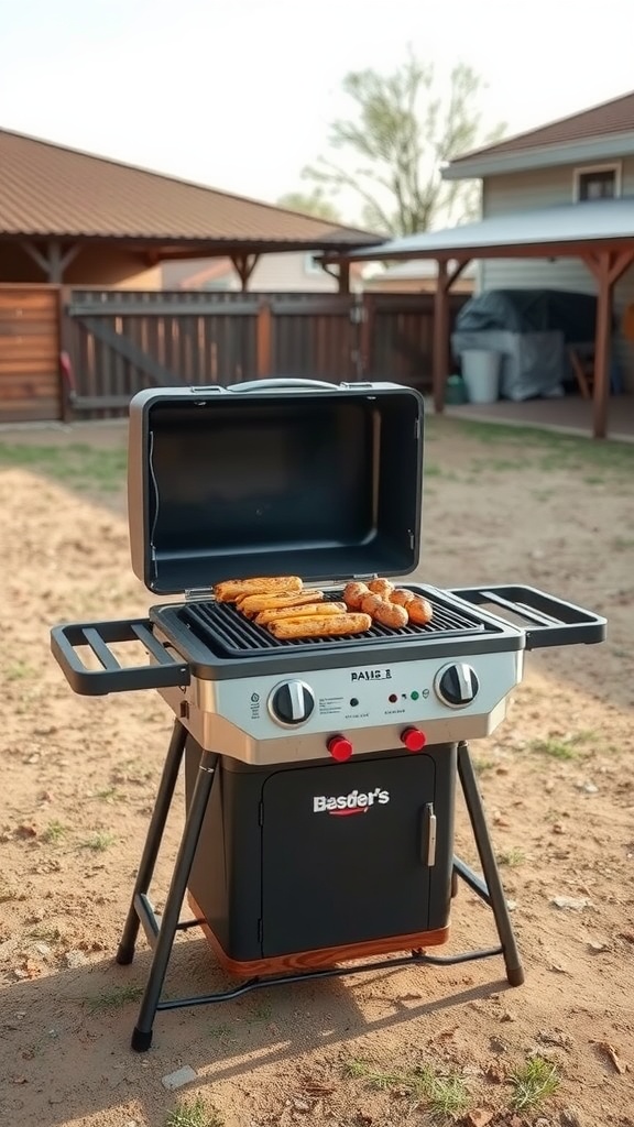 A portable barbecue grill with sausages and corn cooking on it