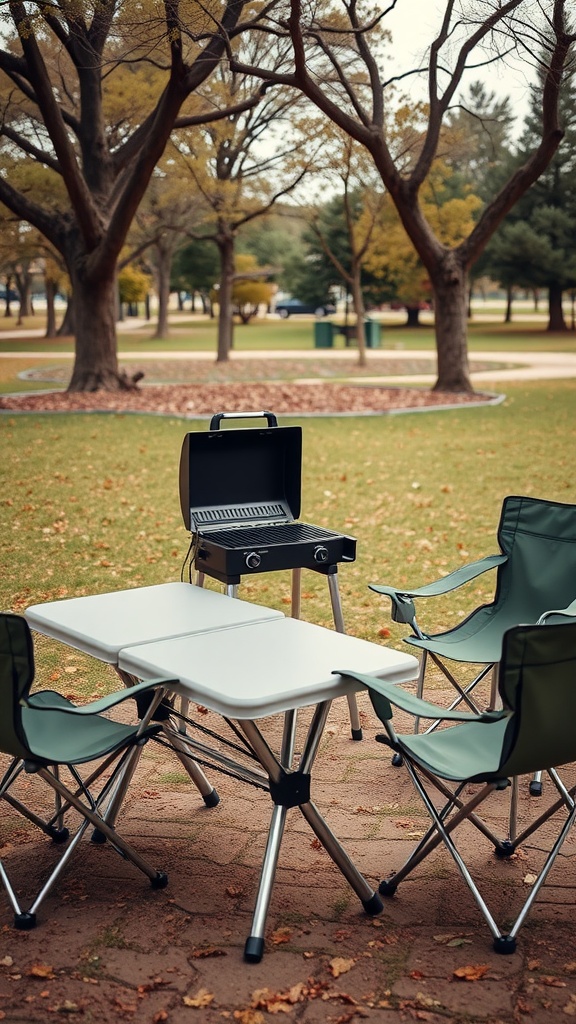 A portable grill set up in a park with folding chairs around a small table.