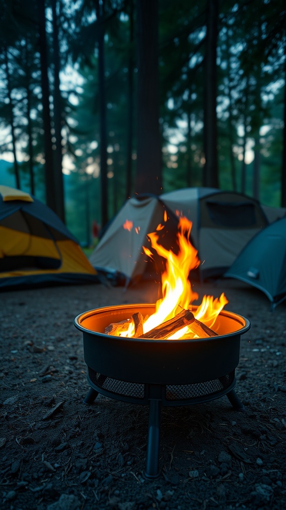A portable fire pit with flames surrounded by camping tents in a forest