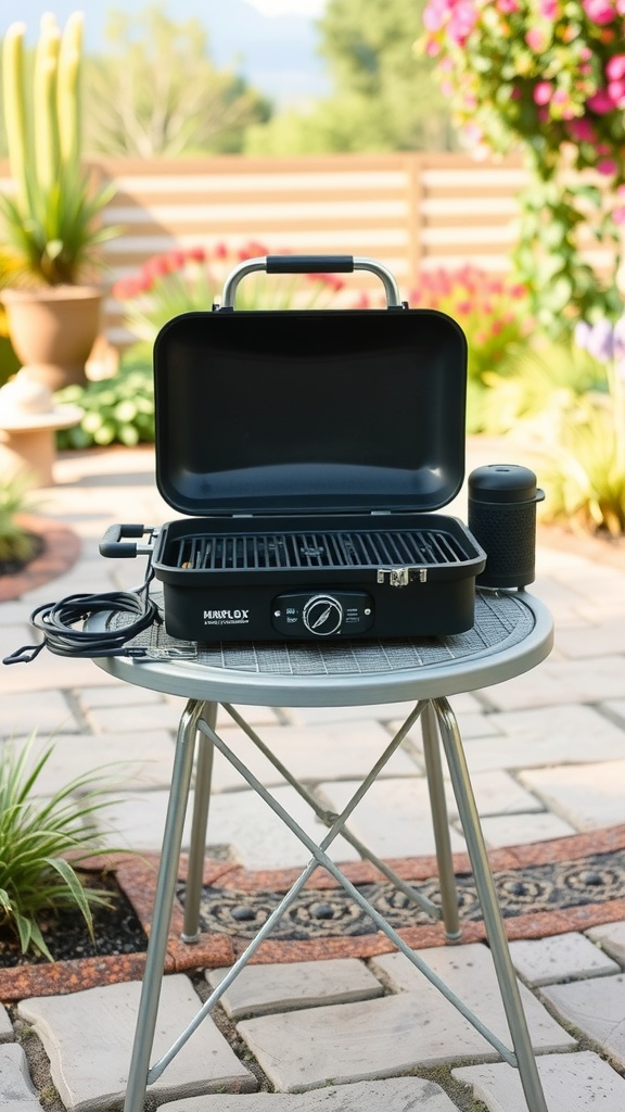 A portable electric grill on a table in an outdoor setting, surrounded by flowers.