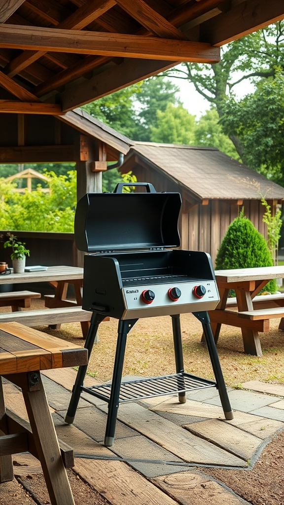 A portable grill in a rustic outdoor kitchen setup